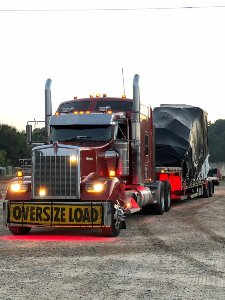 Oversize load transport truck and lowboy trailer carrying a large shrink-wrapped industrial component with safety lights on at dusk.